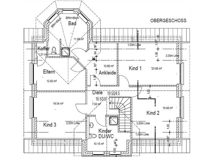 Grundriss Kapitänsgiebelhaus Obergeschoss - dieses Landhaus mit Kapitänsgiebel bauen wir mit über 220 m² Grundriss